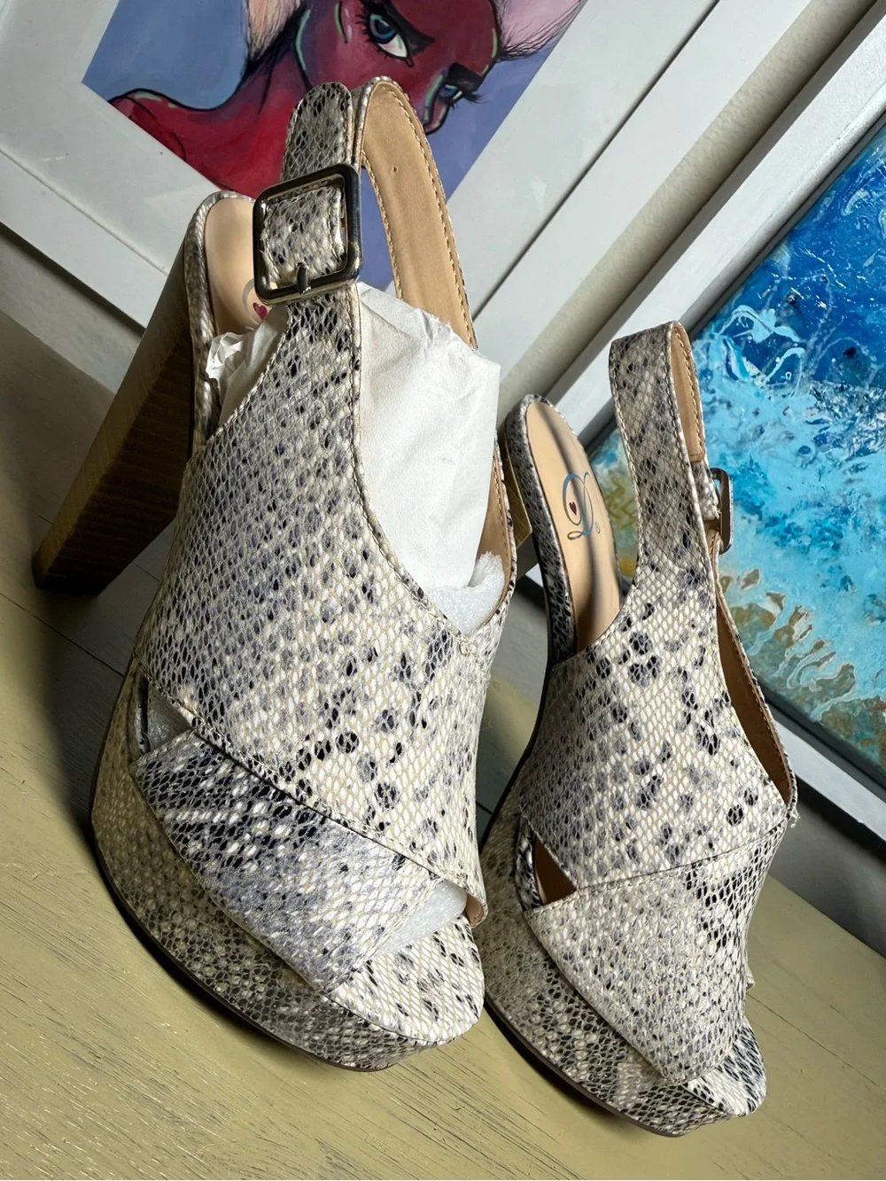 Snake-Print Platform Slingback Heels - Cream/Black